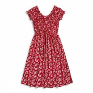 Sunset Sky Girls Maxi Smocked Dress 7/8 Red Floral Rose Lettuce Vacation Party